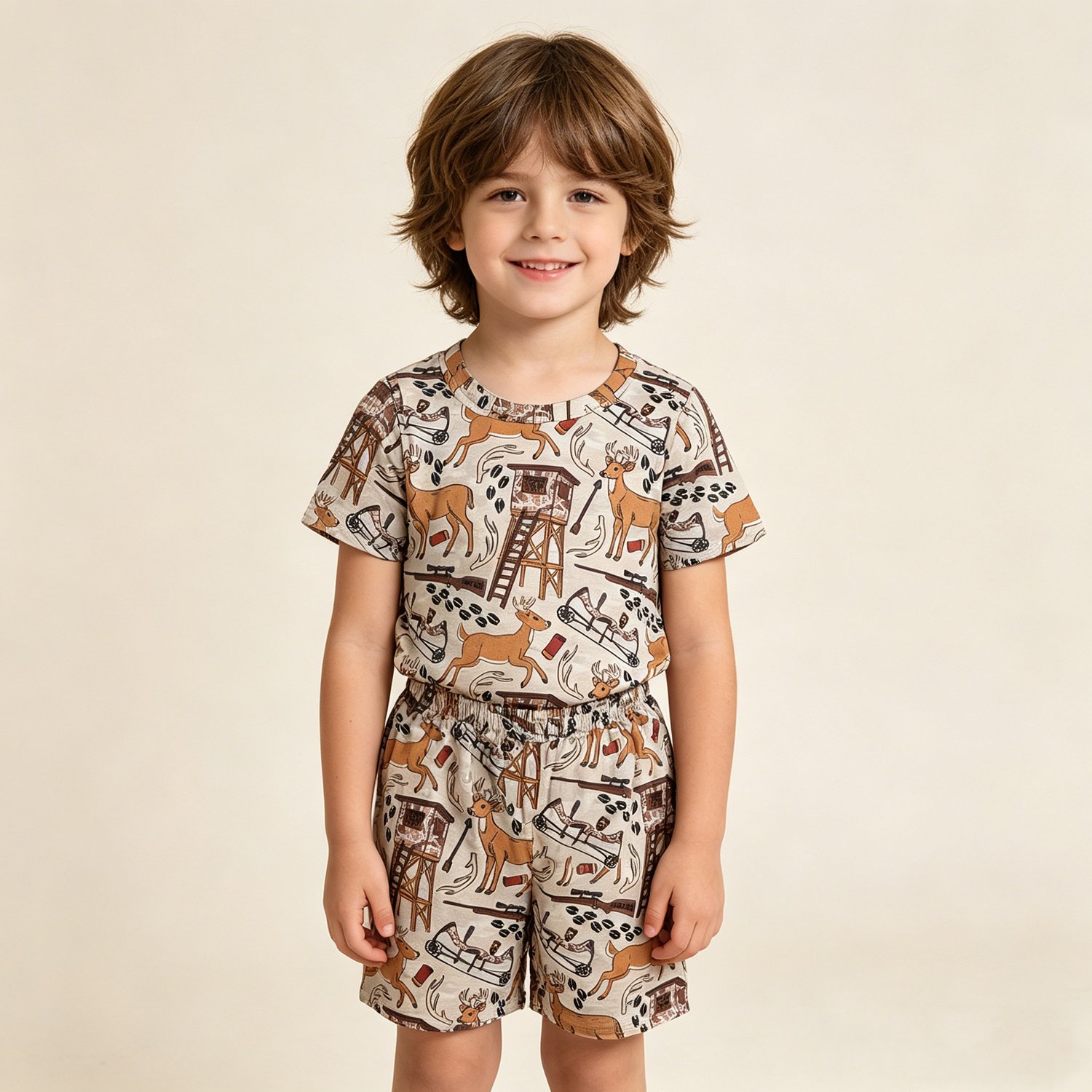 1 Baby Boys Short Sleeve Khaki Deer Top Shorts Hunting Pajamas Casual Sets - Image 1