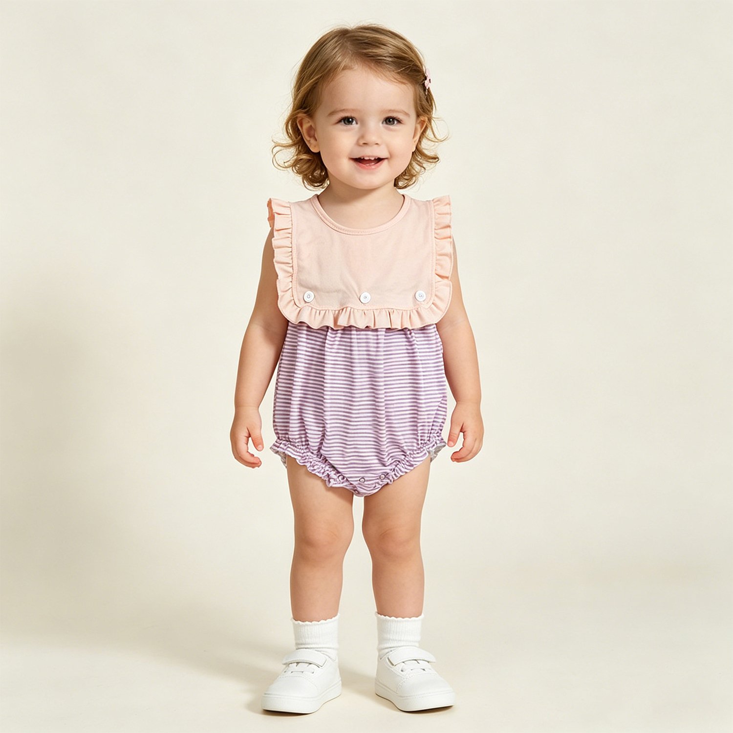 10 Baby Girls Cute Sleeveless Lavender Stripe Back Button Ruffle Rompers - Image 1