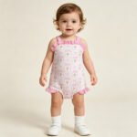 Baby Girls Pink Strap Flowers Back Bows Ruffle Rompers