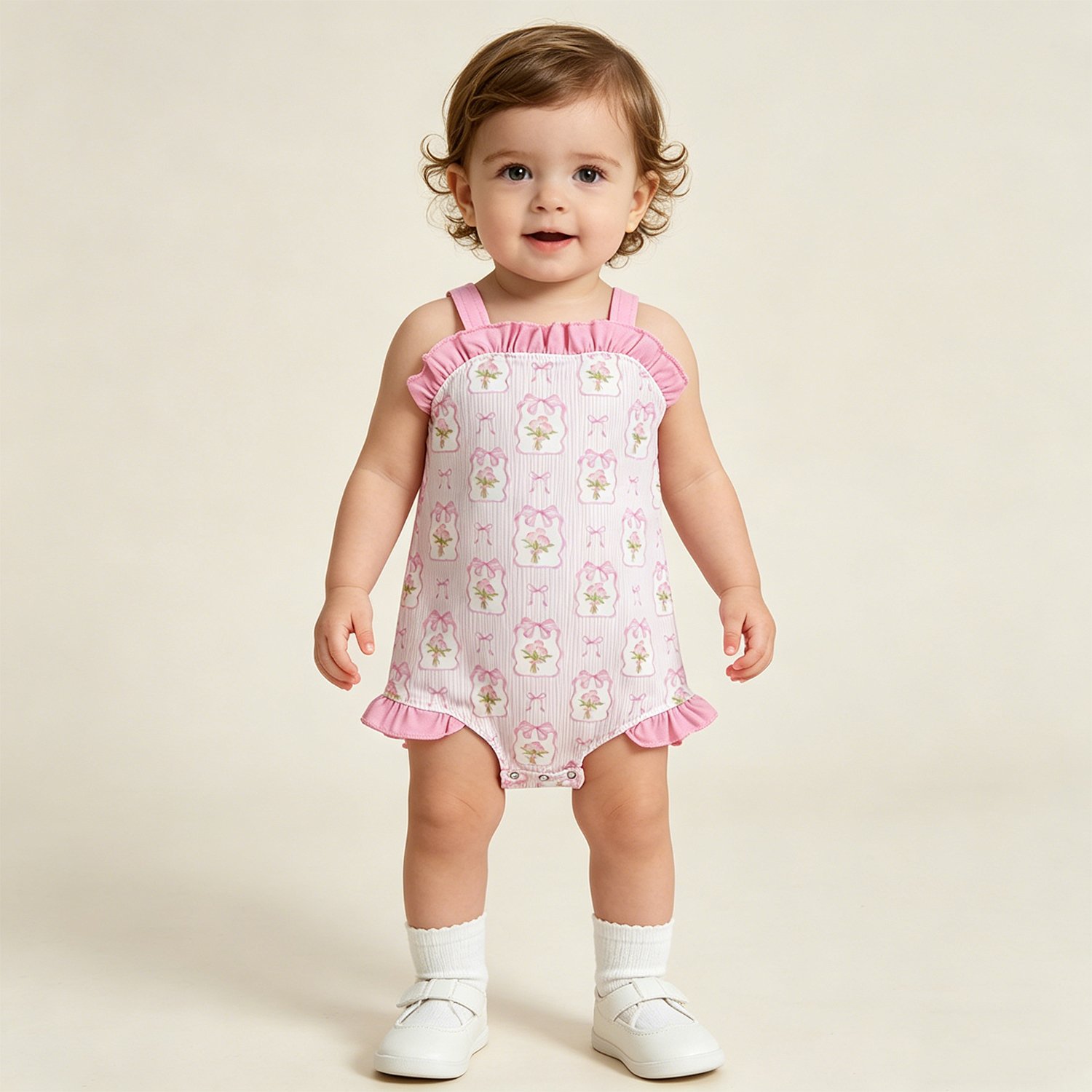 10 Baby Girls Pink Strap Flowers Back Bows Ruffle Rompers - Image 1