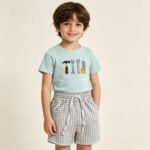 Baby Boys Soft Embroidery Tools Top Checked Pockets Shorts Casual Set