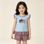 Embroidery Bow Flags Baby Girls Tunic Ruffle Shorts 4th of July Clothes Set