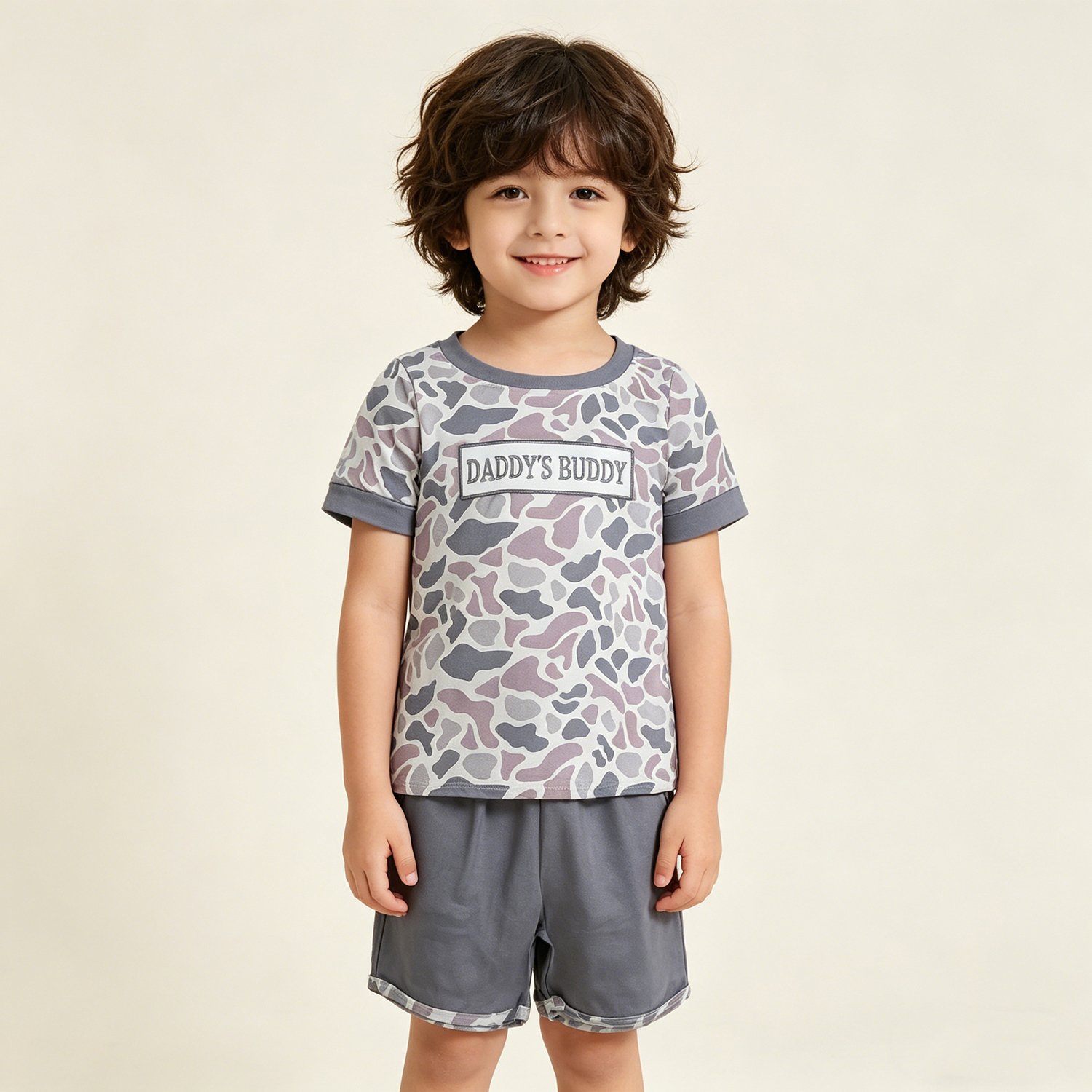 17 Boys Embroidery Daddy's Buddy Light Grey Camo Top Pockets Shorts Clothes - Image 1