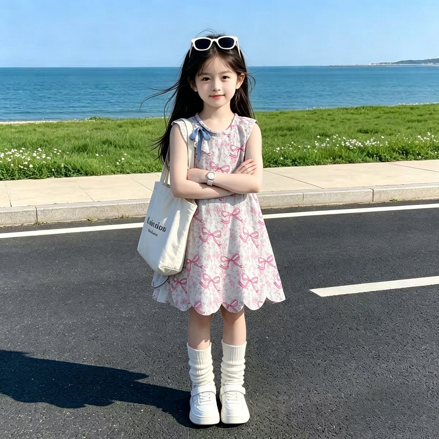 2 Baby Girls Pink Bows Floral Yoga Activity Short Scallop Knee Length Dresses - Image 1