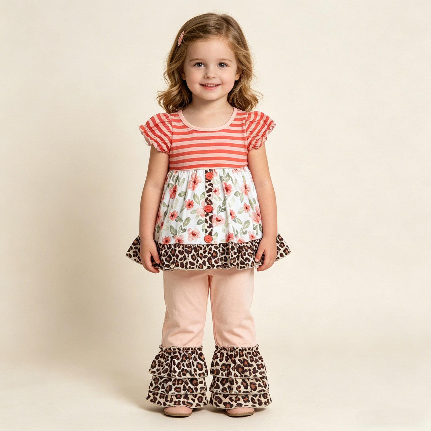 25 Baby Girls Leopard Flowers Button Tunic Ruffle Pants Outfit Casual Cute Set - Image 1