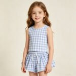 Baby Girls Blue Checked Vests Top Butterfly Short Yoga Active Outfit