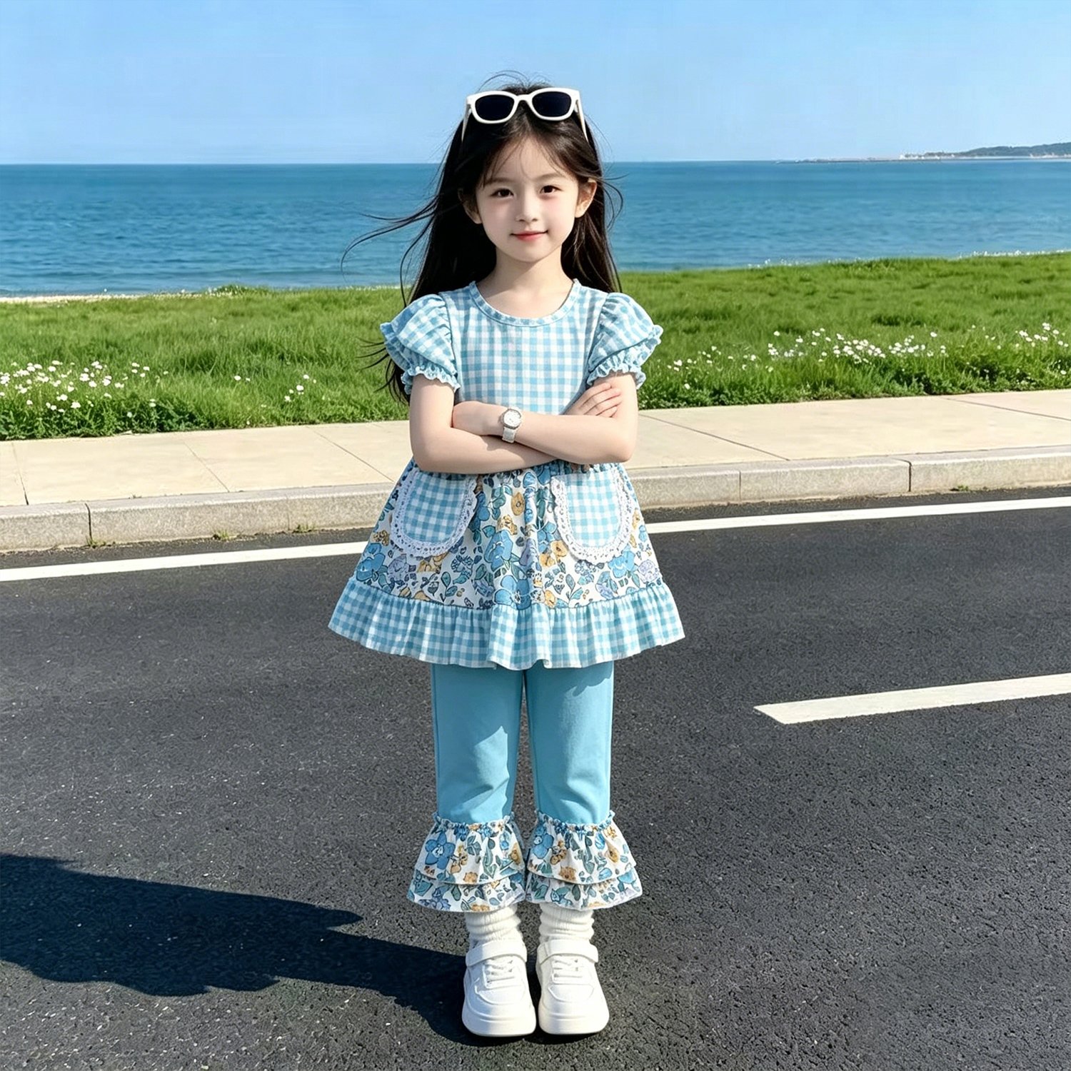 3 Baby Girls Blue Checked Flowers Pockets Tunic Ruffle Pant Clothes Sets - Image 1