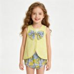 Baby Girls Yellow Checked Flowers Back Bow Tunic Flowers Bummies Outfit