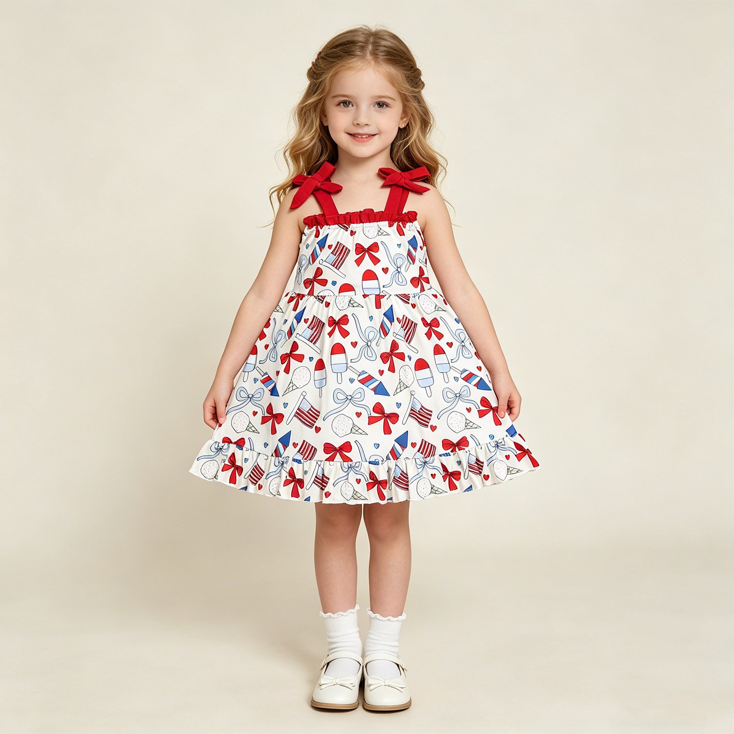 3 Baby Girls Strap Red Blue Bows Popsicle 4th of July Ruffle Knee Length Dresses - Image 1