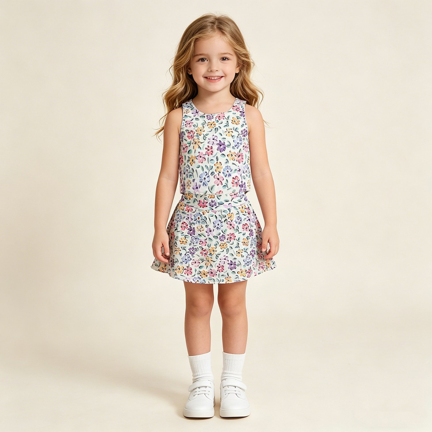 3 Baby Girls Summer Colorful Floral Vest Yoga Active Skirt Set - Image 1