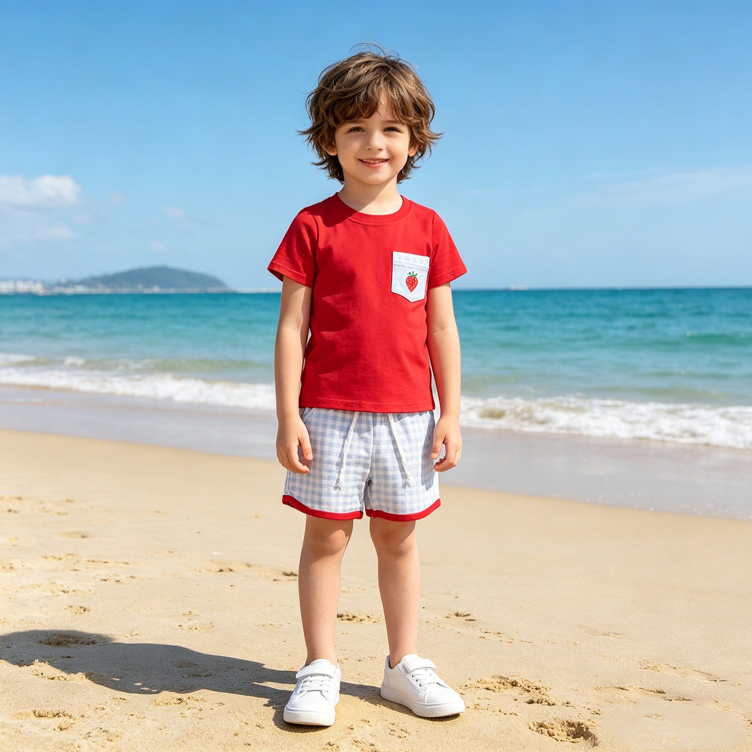 4 Baby Boys Strawberry Top Checked Pockets Shorts Clothes Sets - Image 1