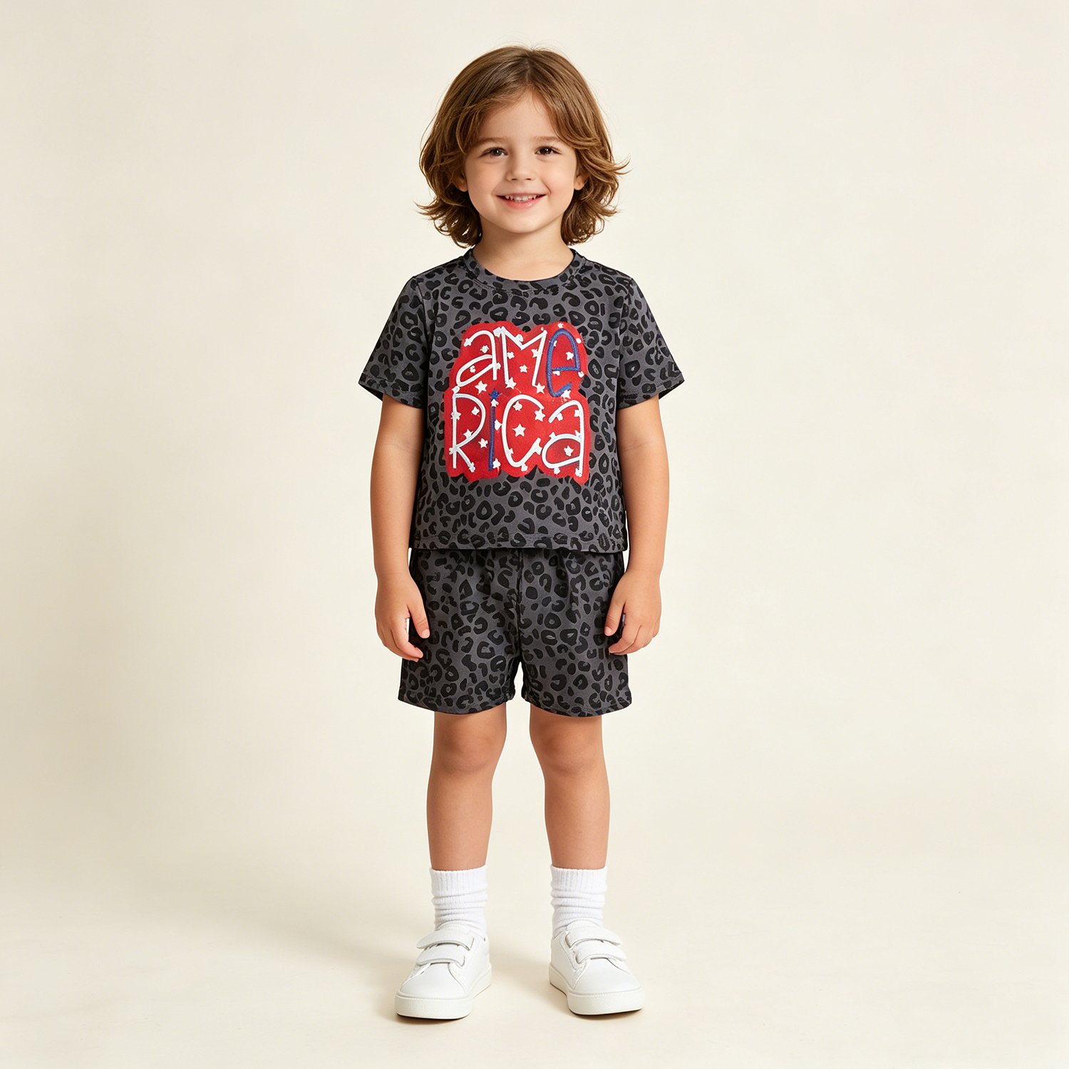 4 Baby Girls Black Leopard American Stars Top Short 4th Of July Slouchy Set - Image 1