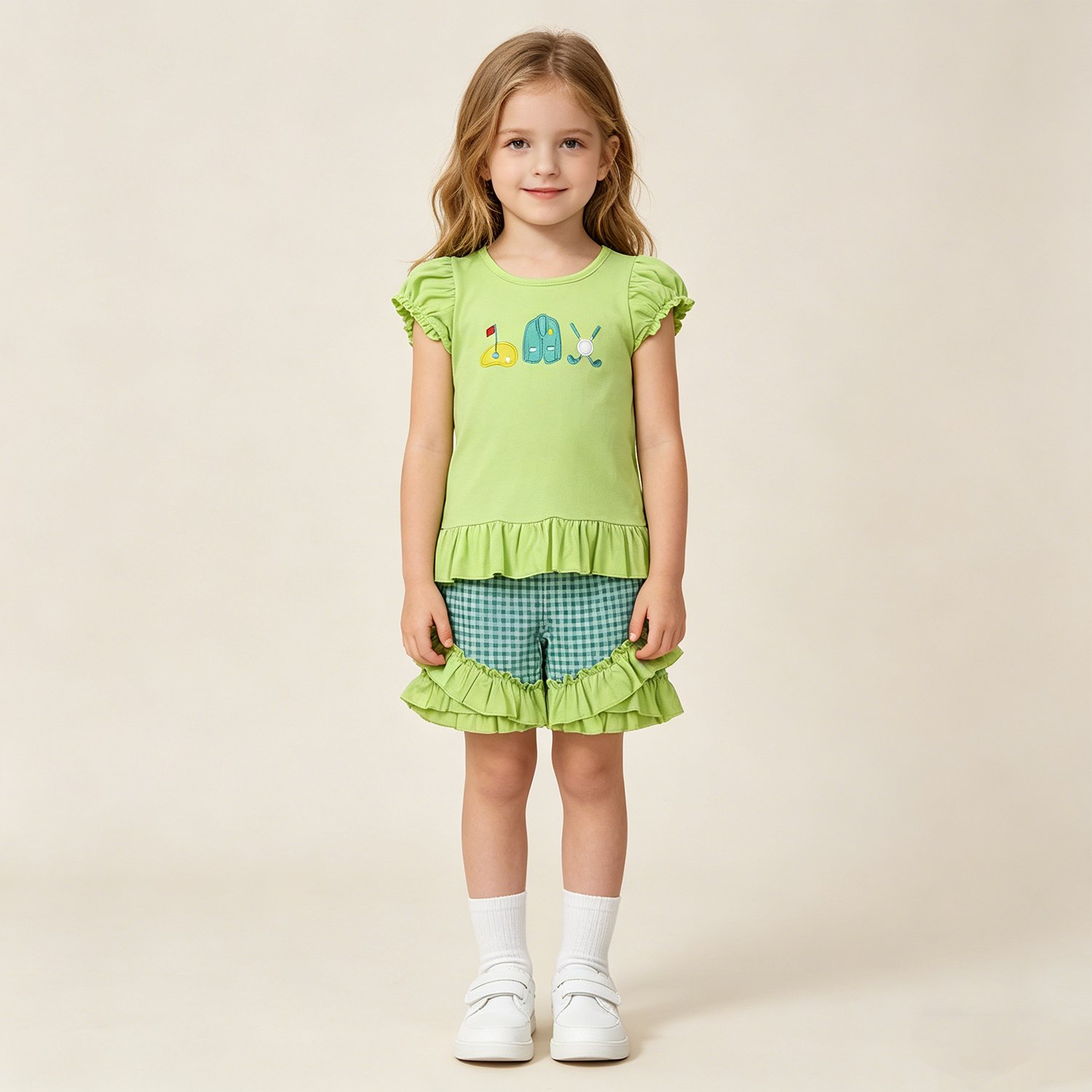 4 Baby Girls Summer Golf Flag Embroidery Green Checked Ruffle Shorts Sets - Image 1
