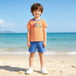 Embroidery Tools Baby Boys Orange Stripe Top Shorts Clothes Sets