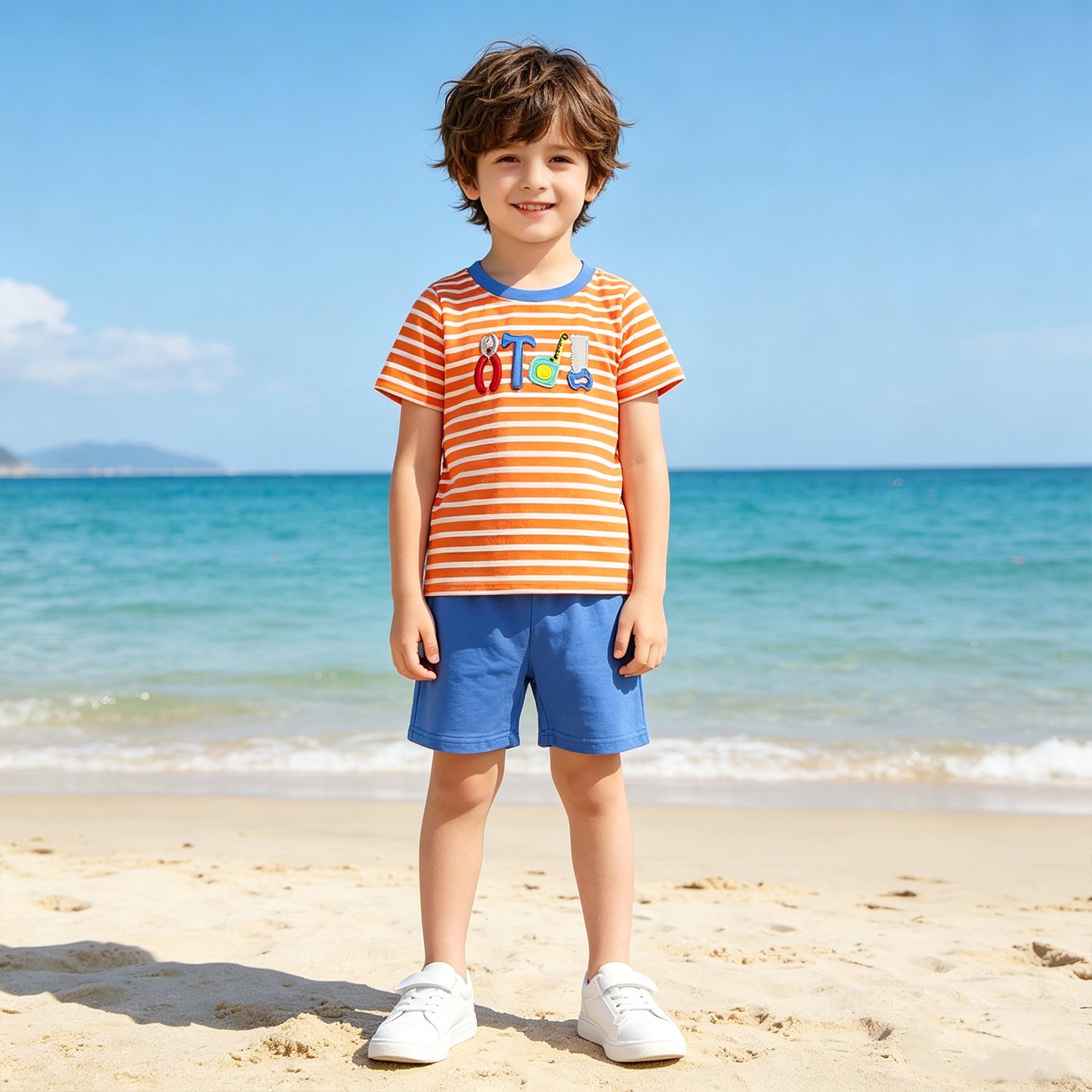 5 Embroidery Tools Baby Boys Orange Stripe Top Shorts Clothes Sets - Image 1