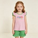 Embroidery Popsicle Baby Girls Pink Stripe Tunic Ruffle Short Clothing