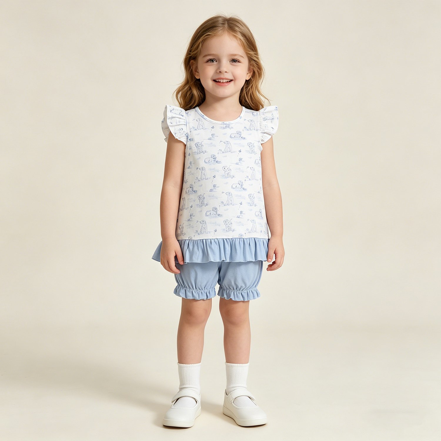 5 Baby Girls Flutter Sleeve Dogs Butterfly Back Bow Tunic Ruffle Short Clothes Sets - Image 1
