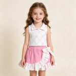 Baby Girls Pink Bows Checked Button Top Ruffle Skirt Shorts Yoga Clothes Sets