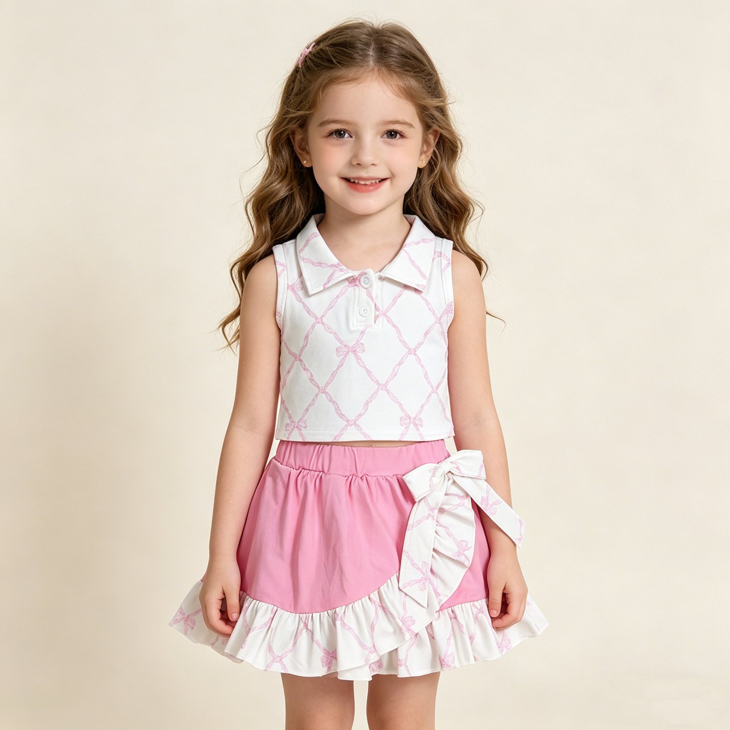 55 Baby Girls Pink Bows Checked Button Top Ruffle Skirt Shorts Yoga Clothes Sets - Image 1