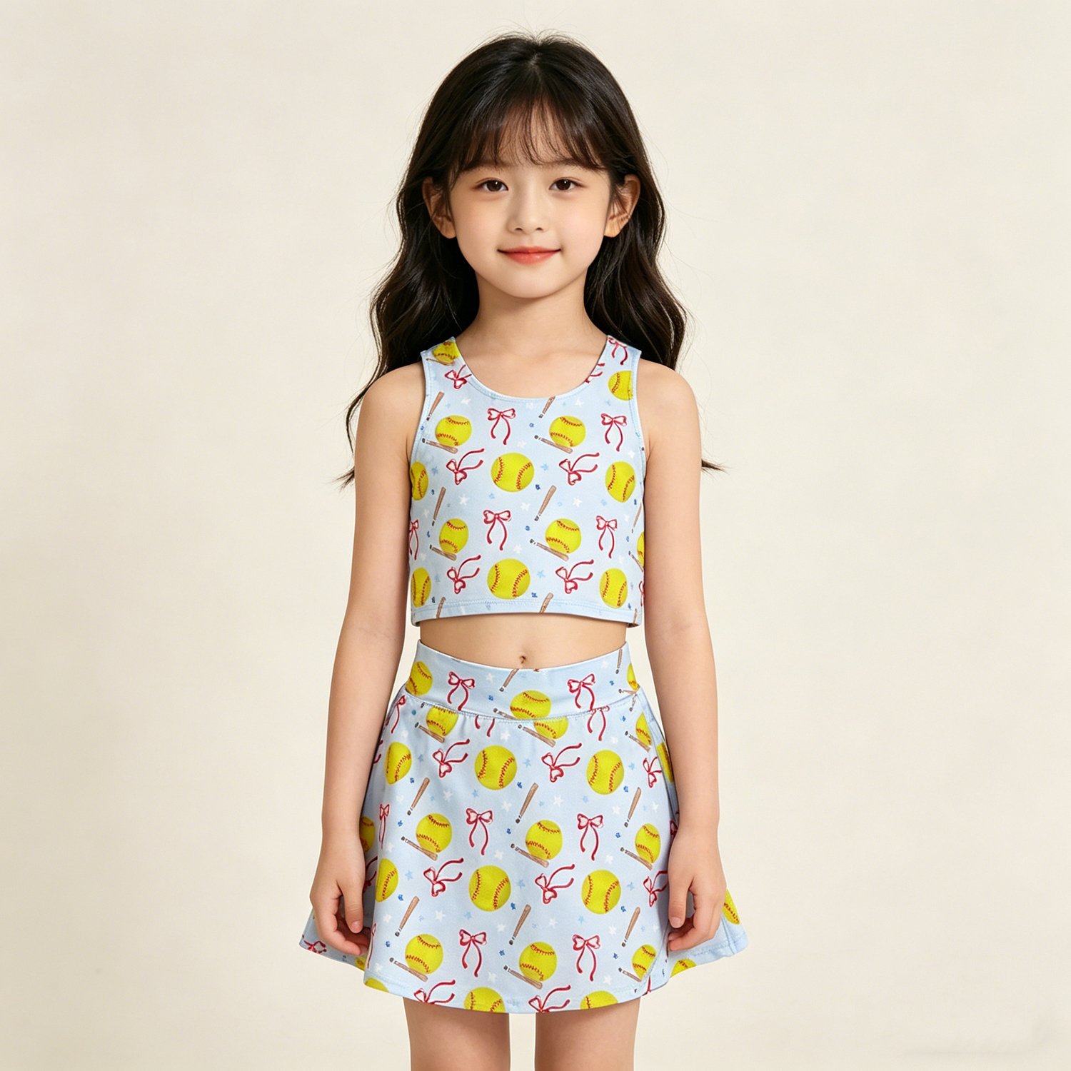 59 Baby Girls Bows Softballs Vests Top Skirt Short Team Yoga Active Outfit Set - Image 1