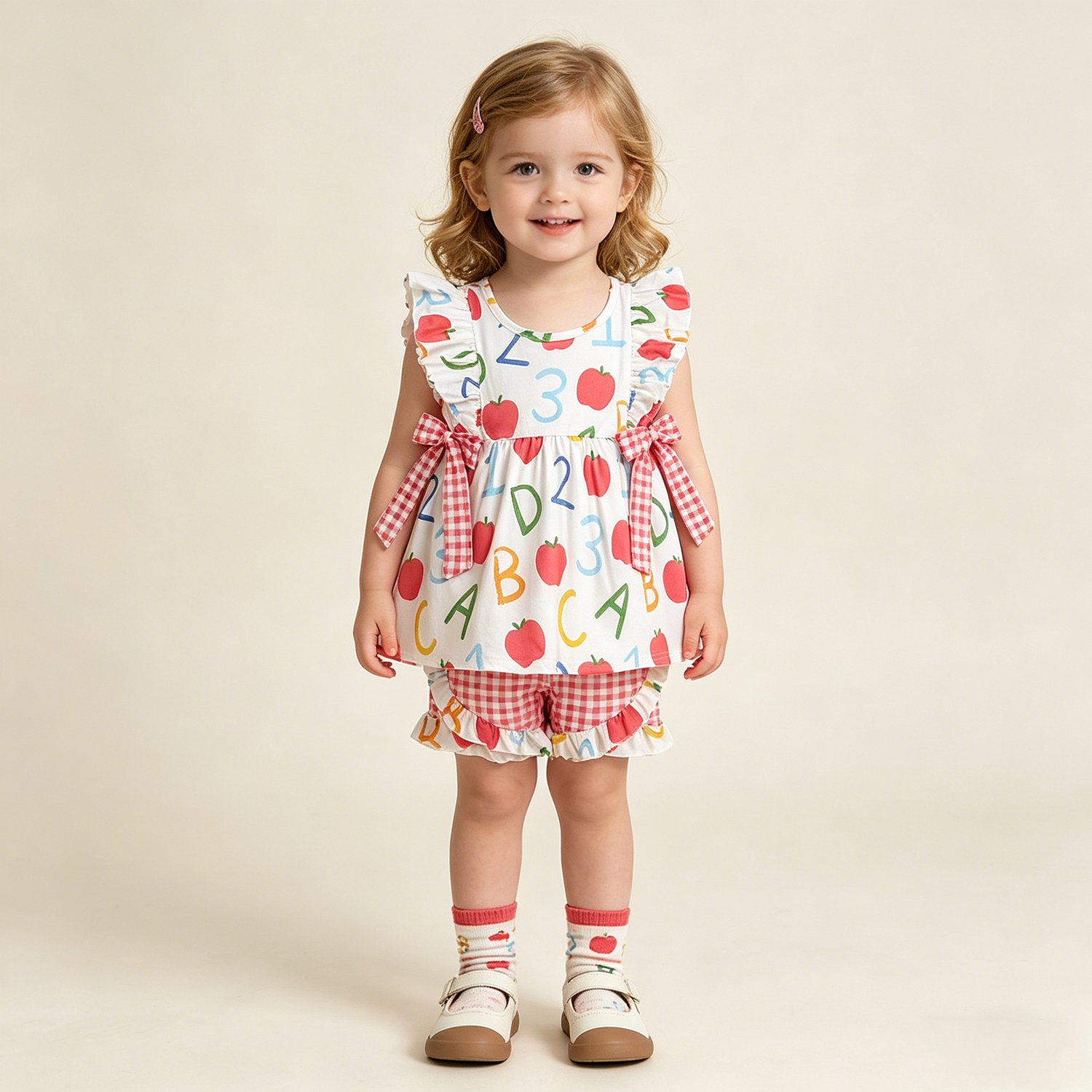6 Baby Girls Apples ABC Tunic Checked Ruffle Shorts Back to School Sets - Image 1