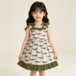 Girls Strap Crocodile Print Ruffle Knee Length Dress Cute Casual Kid Outfit