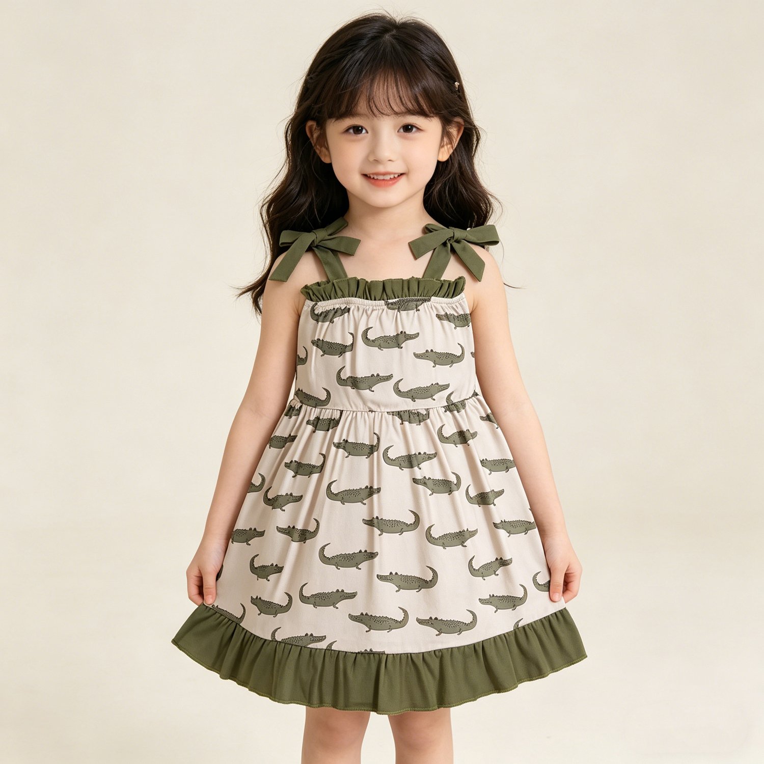 67 Girls Strap Crocodile Print Ruffle Knee Length Dress Cute Casual Kid Outfit - Image 1