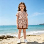 Baby Girls Khaki Leopard Top Pockets Ruffle Shorts Pajamas Clothes Sets