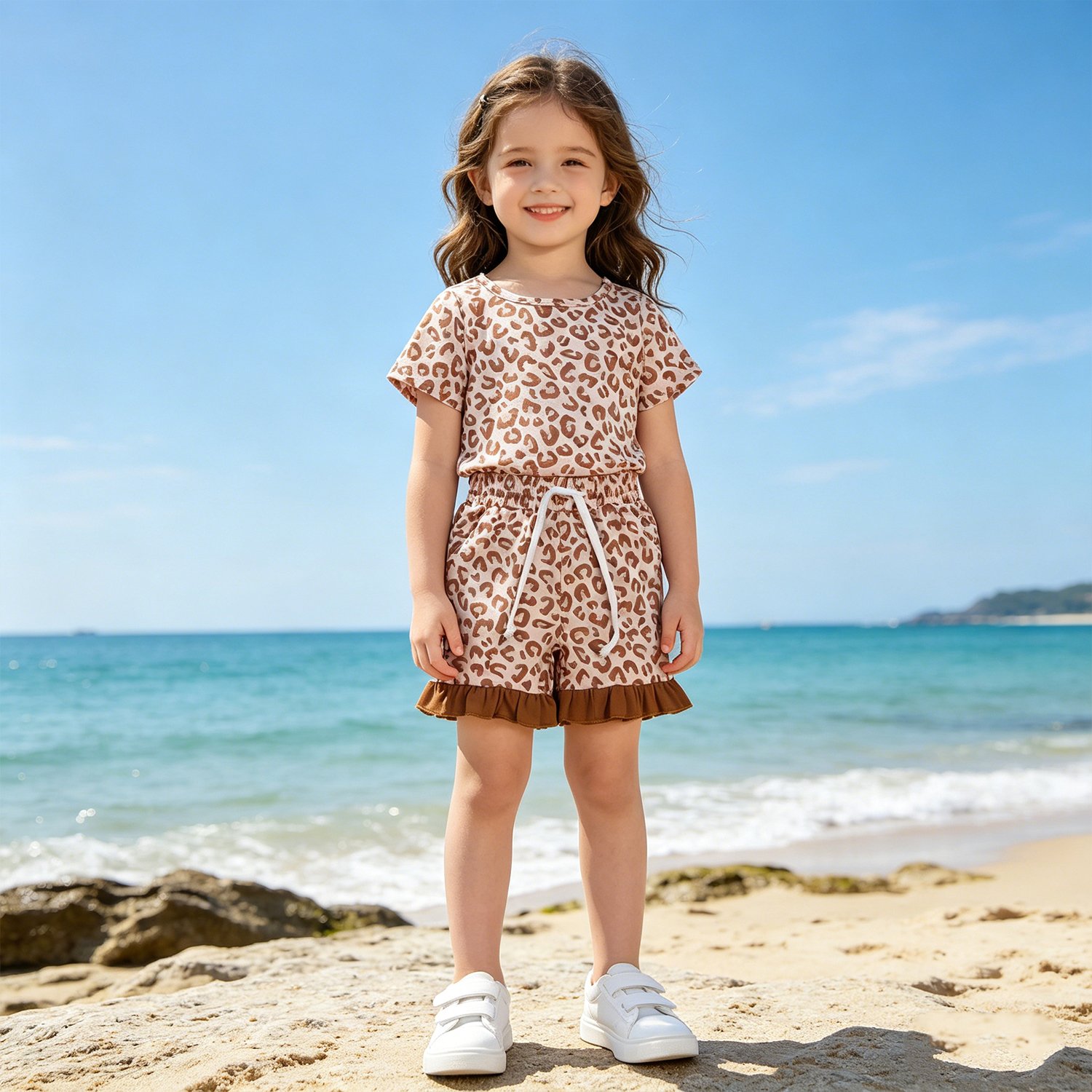 7 Baby Girls Khaki Leopard Top Pockets Ruffle Shorts Pajamas Clothes Sets - Image 1