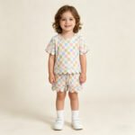 Baby Girls Colorful Checked Top Pockets Shorts Scallop Clothes Set