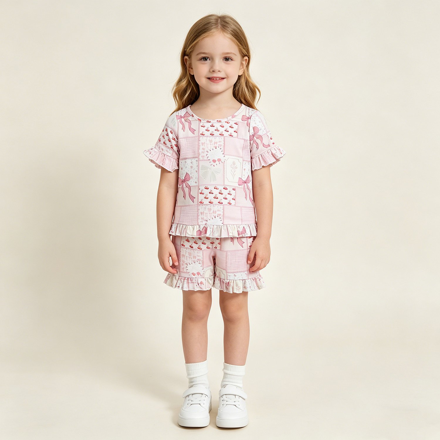 7 Baby Girls Cute Bows Flowers Checked Top Ruffle Shorts Pajamas Sets - Image 1