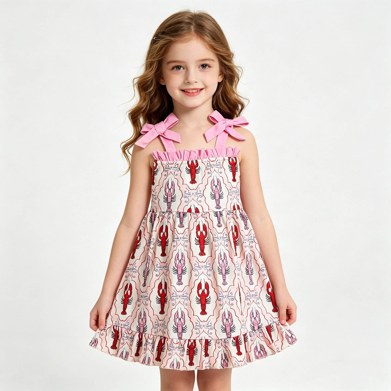 7 Baby Girls Strap With Bows Crayfishes Checked Ruffle Knee Length Dress - Image 1