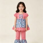 Baby Girls Colorful Flowers Button Tunic Ruffle Pants Sets Cute Kid Clothes