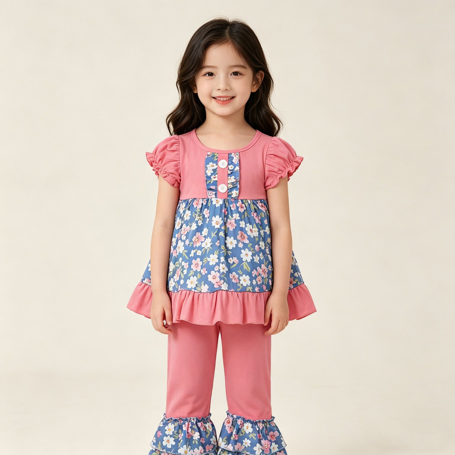 71 Baby Girls Colorful Flowers Button Tunic Ruffle Pants Sets Cute Kid Clothes - Image 1