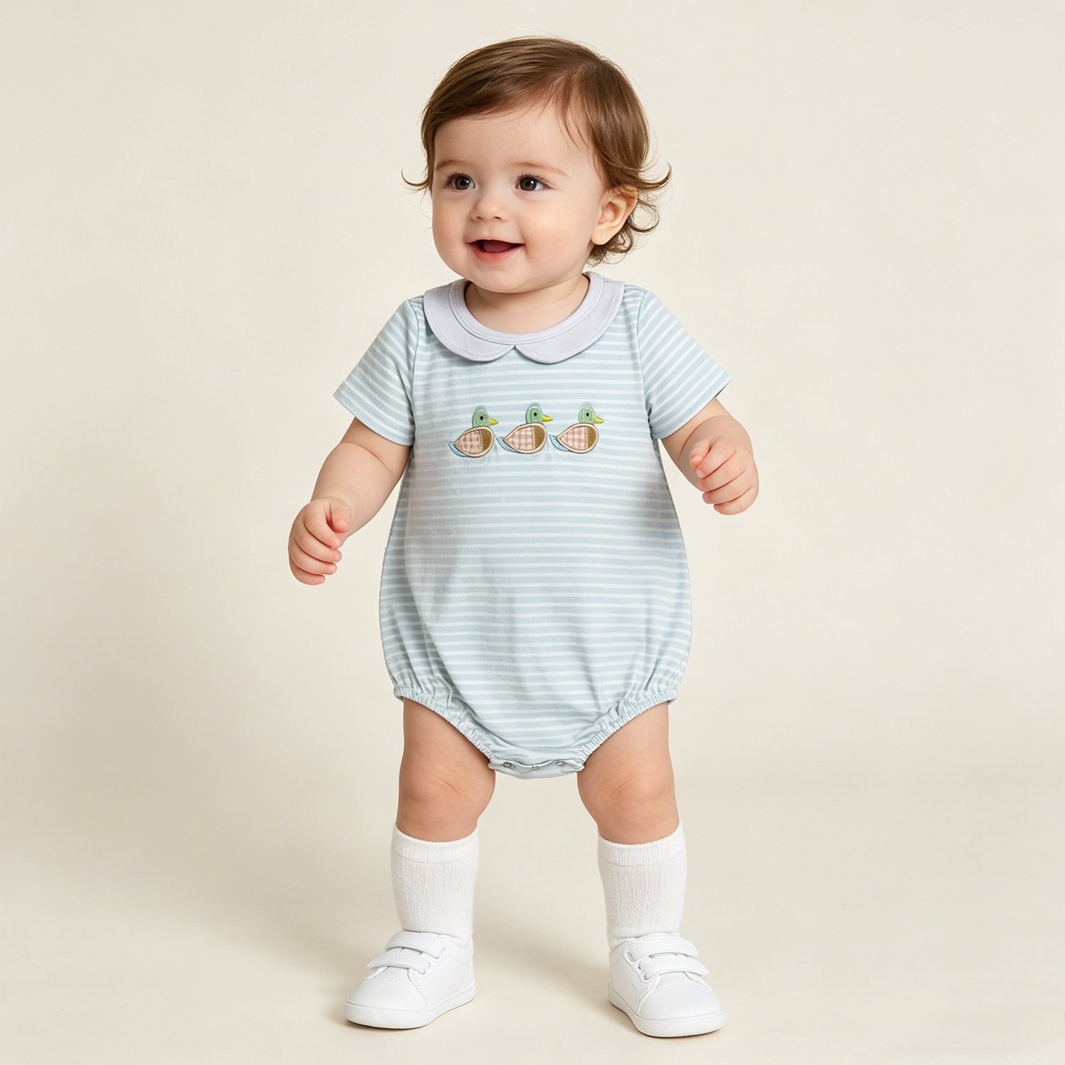 8 Embroidery Ducks Baby Boys Short Sleeve Collar Hunting Stripe Rompers - Image 1