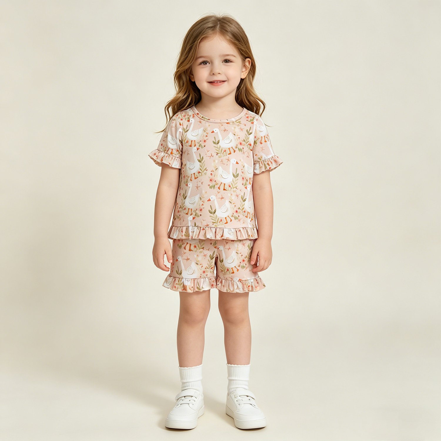 8 Baby Girls Flowers Gooses Top Ruffle Shorts Pajamas Clothes Sets - Image 1