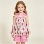 Girls Strap Bows Crayfishes Checked Tunic Ruffle Shorts Sets Casual Clothes