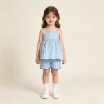 Baby Girls Cute Blue Checked Strap Tunic Short Daily Clothes Set