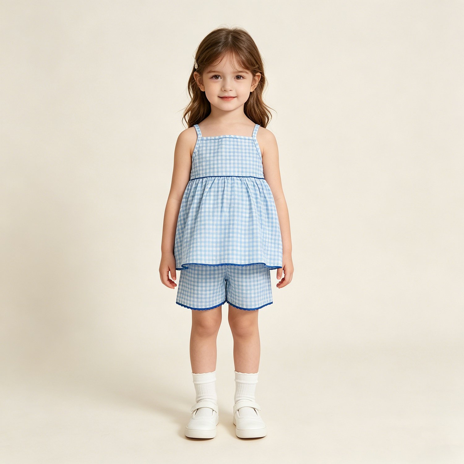 9 Baby Girls Cute Blue Checked Strap Tunic Short Daily Clothes Set - Image 1