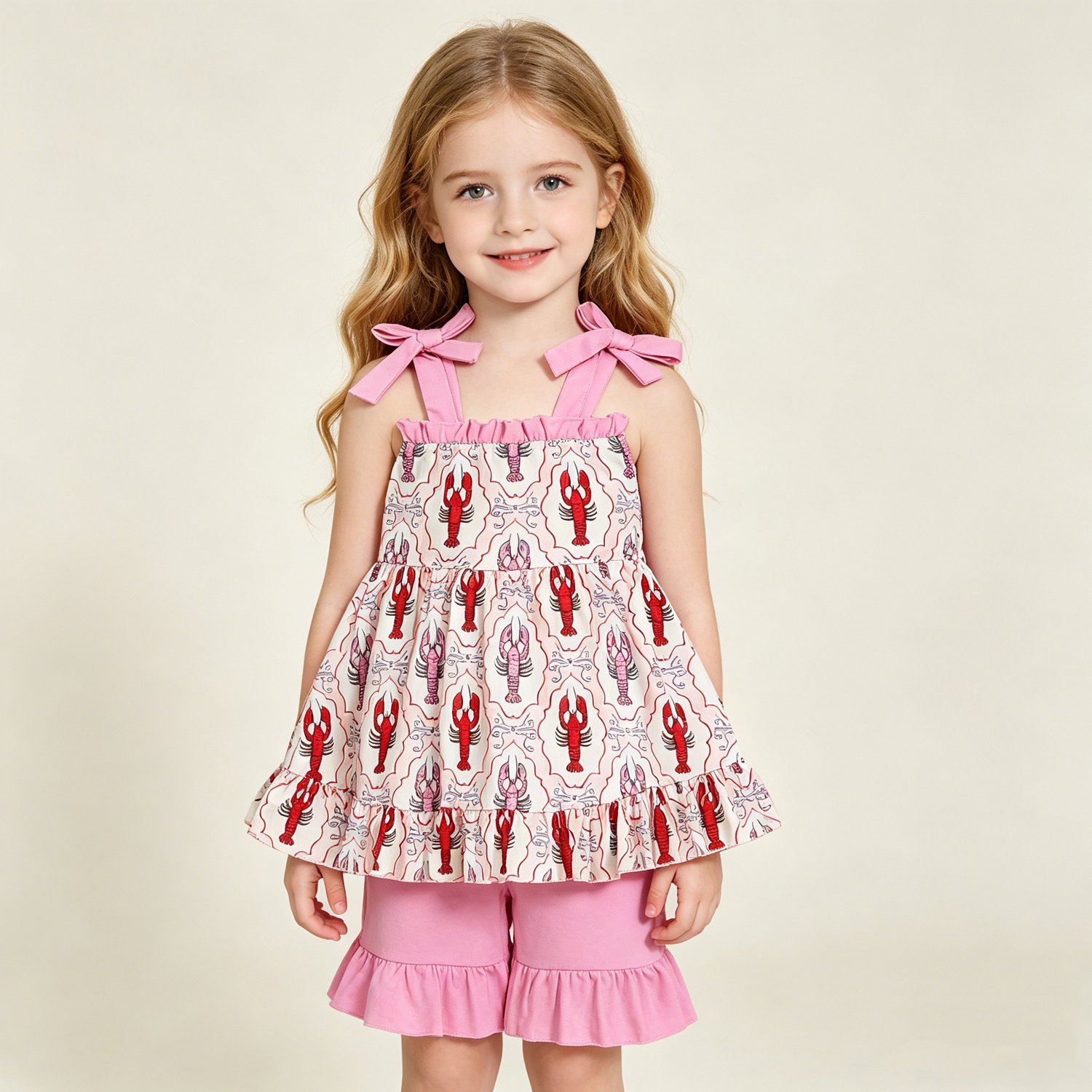 9 Girls Strap Bows Crayfishes Checked Tunic Ruffle Shorts Sets Casual Clothes - Image 1
