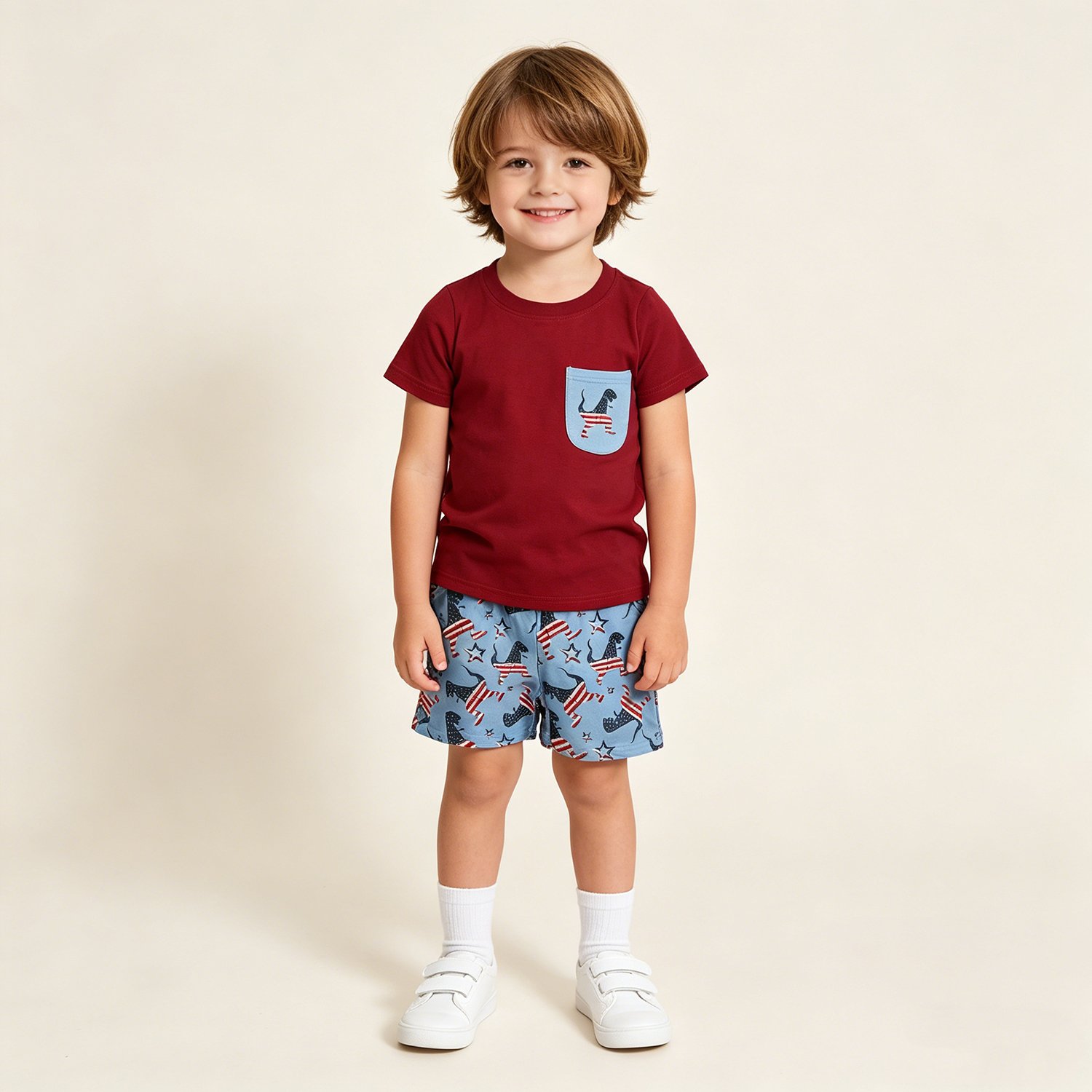1 Toddler Boys 4th of July Dinosaurs Flags Pocket Shirt And Shorts Set - Image 1
