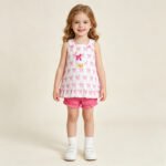 Baby Girls Summer Plaid Goose Embroidery Pink Bow Clothes Set