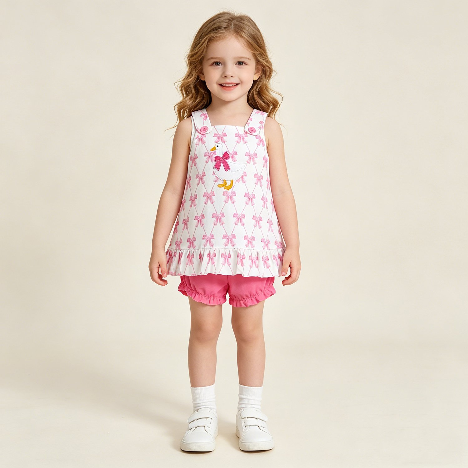 1 Baby Girls Summer Plaid Goose Embroidery Pink Bow Clothes Set - Image 1