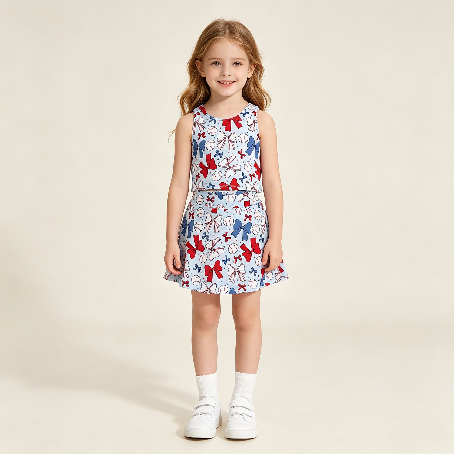 10 Toddler Girls 4th Of July Bows Baseball Vest Skirt Yoga Active Sets - Image 1