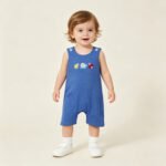 Blue Sleeveless Ladybird Snail Embroidery Rompers For Baby Boys