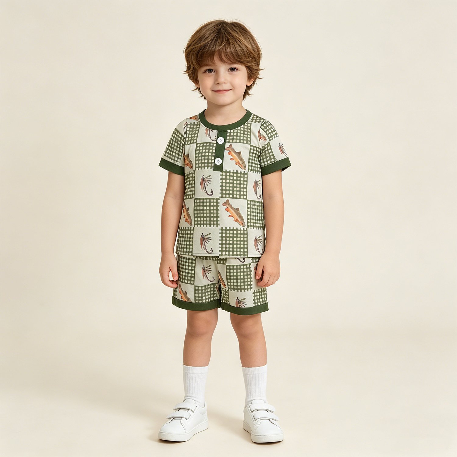 11 Baby Boys Summer Olive Checked Fishing Hunting Pajamas Outfit - Image 1