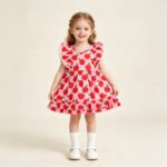 Toddler Girls Back to School Apples Flutter Sleeve Ruffle Knee Length Dresses