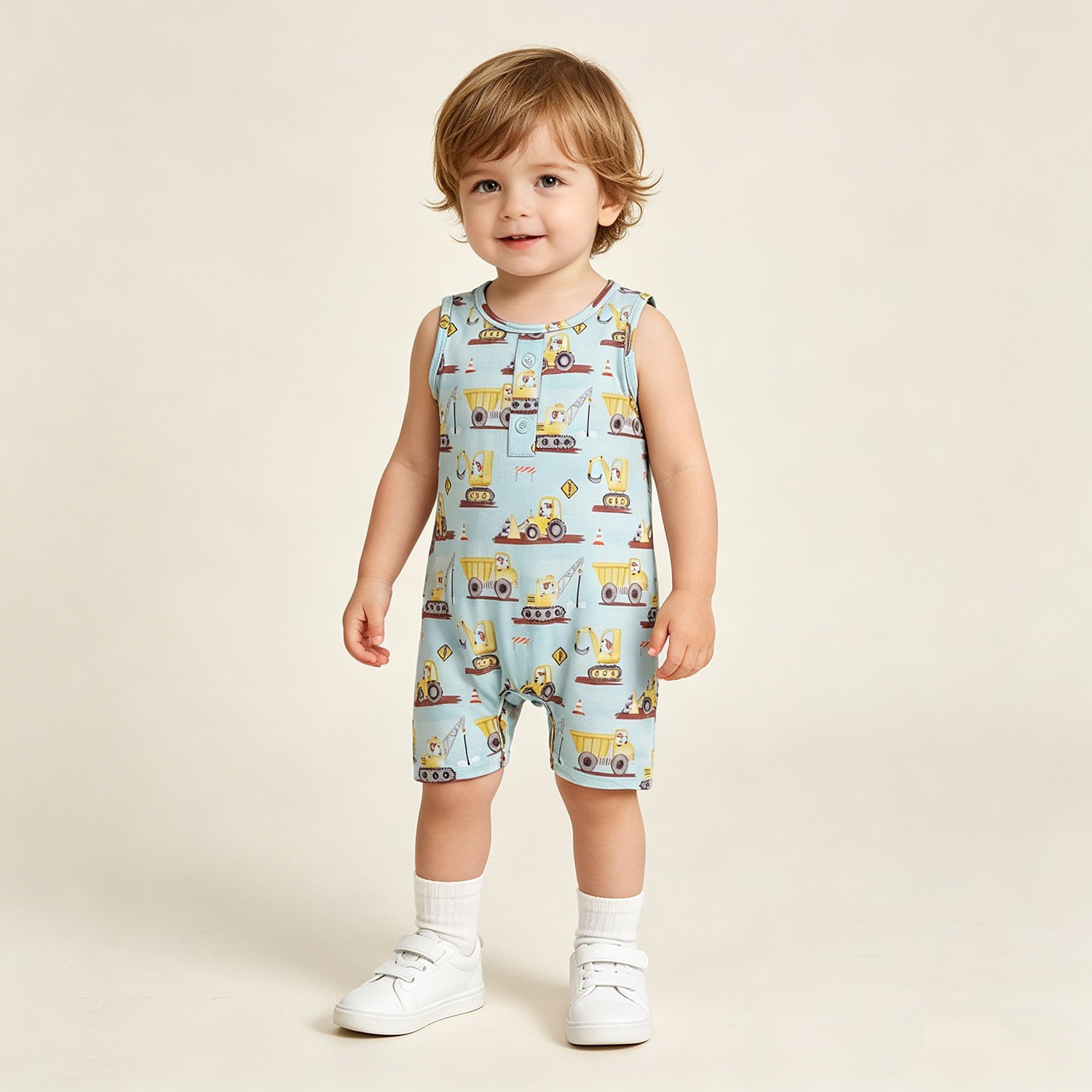 15 Toddler Boys Excavators Sleeveless Button Rompers - Image 1