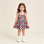 Baby Girls Cute Cherry Black Checked Strap Ruffle Rompers