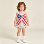 Baby Girls Strap Flags Bows Striped Pattern 4th of July Rompers